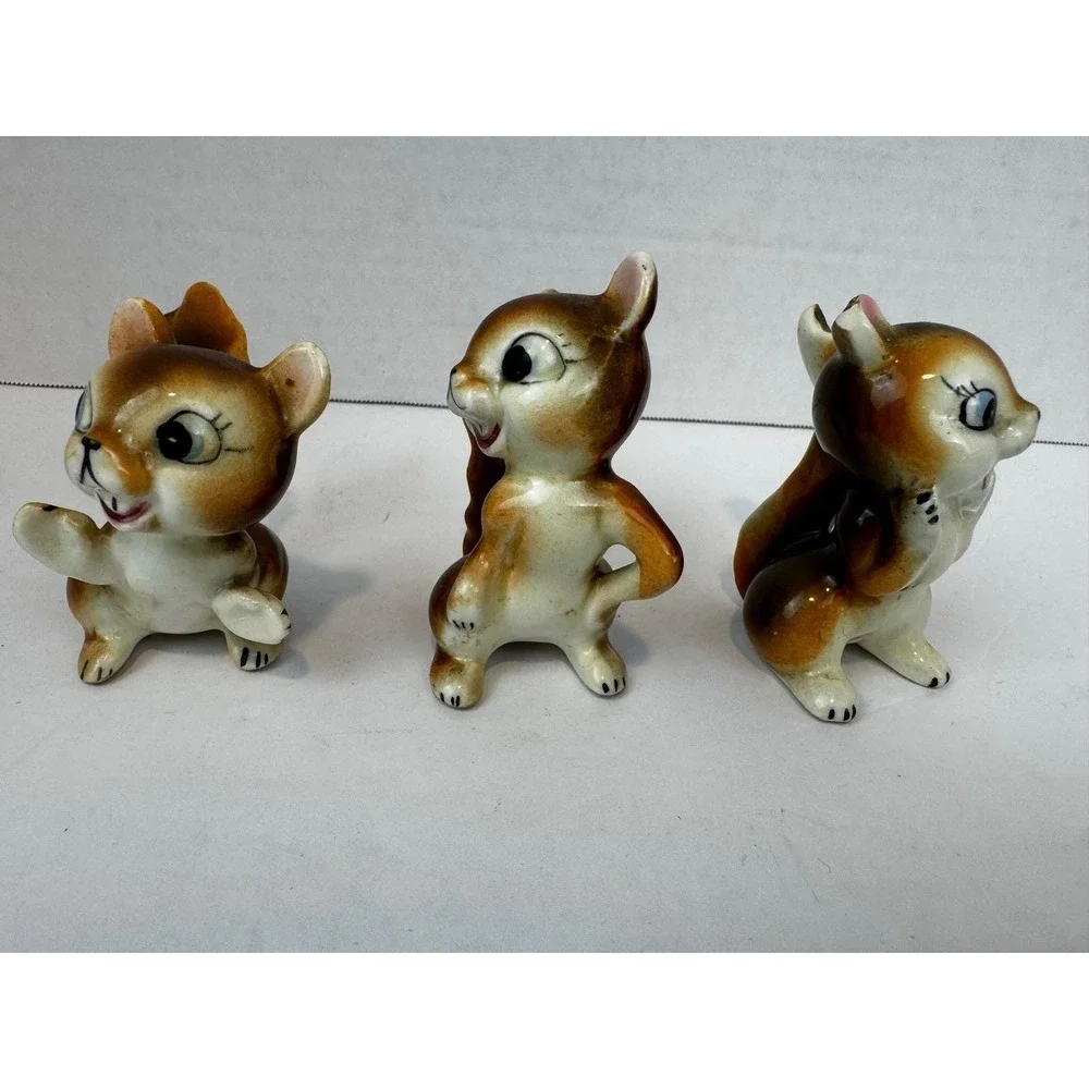 Vintage Ceramic Squirrel Figurines Set of 3 Brown Cream Mid Century Kitsch 3in